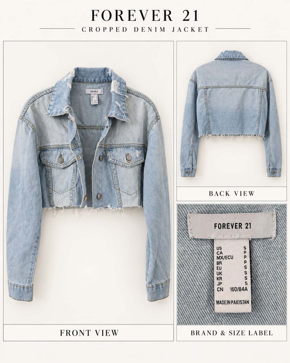 Forever 21 Light Wash Cropped Raw Hem Distressed Denim Jacket